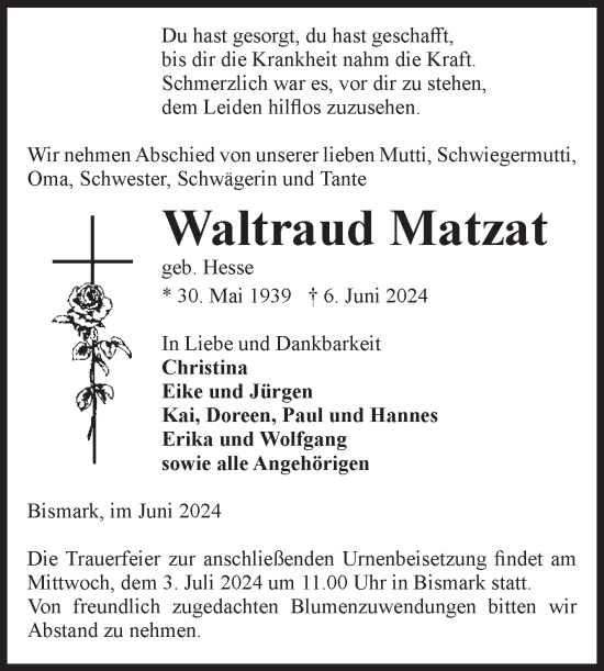Traueranzeige von Waltraud Matzat von Volksstimme Altmark Ost