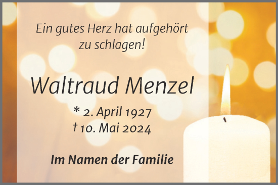 Traueranzeige von Waltraud Menzel von Trauerkombi Weißenfels