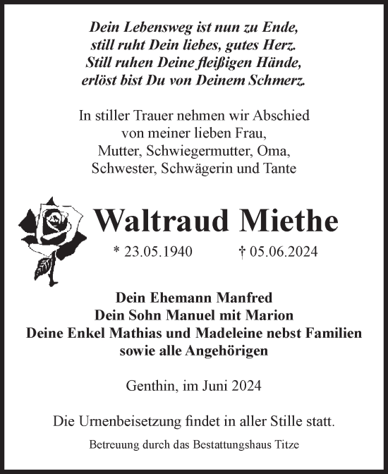 Traueranzeige von Waltraud Miethe von Volksstimme Burg/Genthin