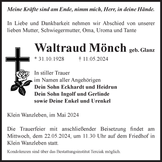 Traueranzeige von Waltraud Mönch von Volksstimme Oschersleben/Wanzleben