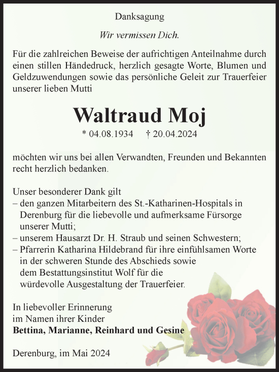 Traueranzeige von Waltraud Moj von Volksstimme Wernigerode