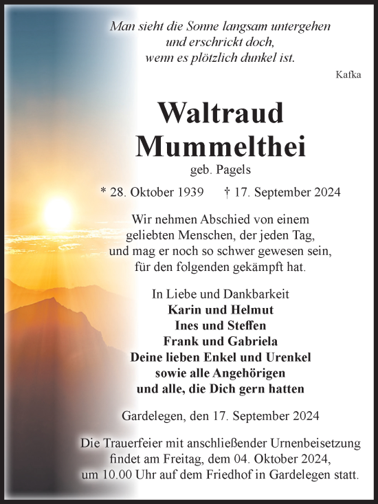 Traueranzeige von Waltraud Mummelthei von Volksstimme Altmark West