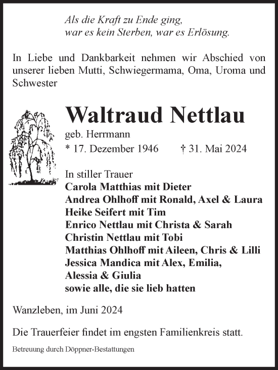 Traueranzeige von Waltraud Nettlau von Volksstimme Oschersleben/Wanzleben