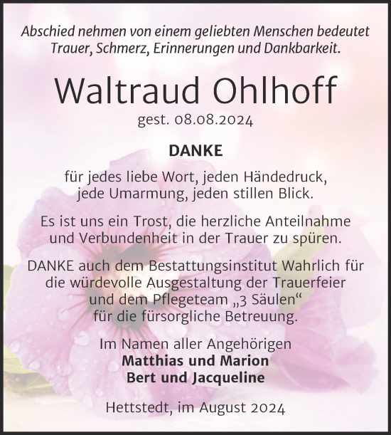 Traueranzeige von Waltraud Ohlhoff von Trauerkombi Mansfelder Land