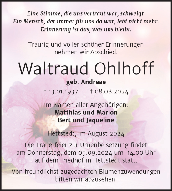 Traueranzeige von Waltraud Ohlhoff von Trauerkombi Mansfelder Land
