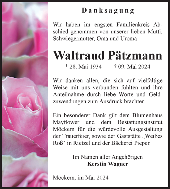 Traueranzeige von Waltraud Pätzmann von Volksstimme Burg/Genthin
