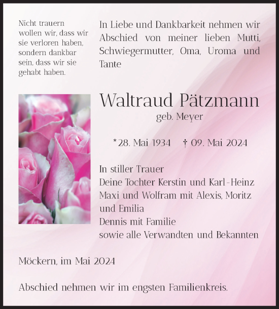 Traueranzeige von Waltraud Pätzmann von Volksstimme Burg/Genthin