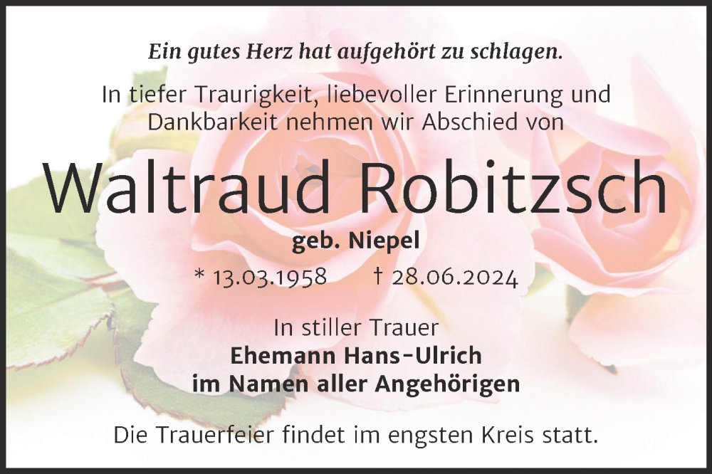  Traueranzeige für Waltraud Robitzsch vom 06.07.2024 aus Trauerkombi Bernburg