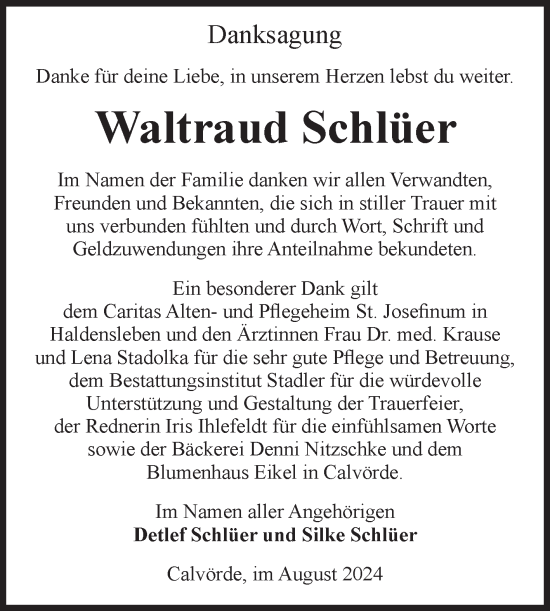 Traueranzeige von Waltraud Schlüer von Volksstimme Haldensleben/Wolmirstedt