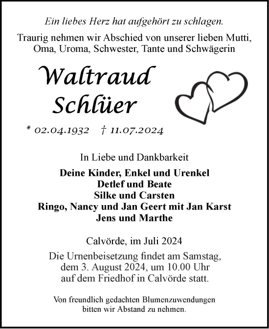 Traueranzeige von Waltraud Schlüer von Volksstimme Haldensleben/Wolmirstedt