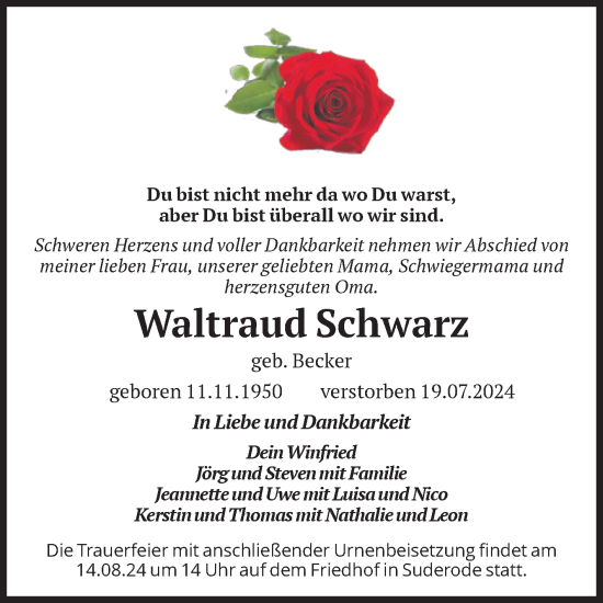 Traueranzeige von Waltraud Schwarz von Volksstimme Halberstadt