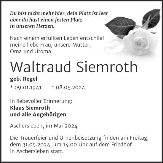 Traueranzeige von Waltraud Siemroth von Trauerkombi Aschersleben