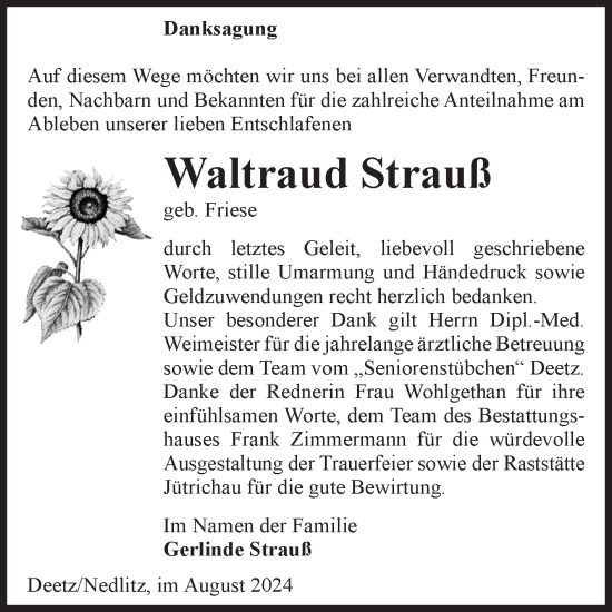 Traueranzeige von Waltraud Strauß von Volksstimme Zerbst