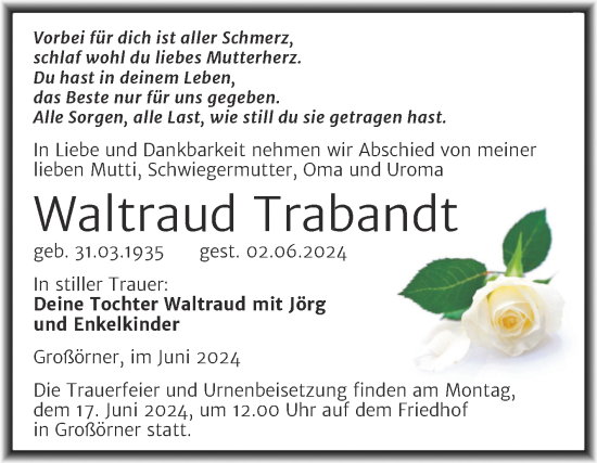 Traueranzeige von Waltraud Trabandt von Mitteldeutsche Zeitung Mansfelder Land