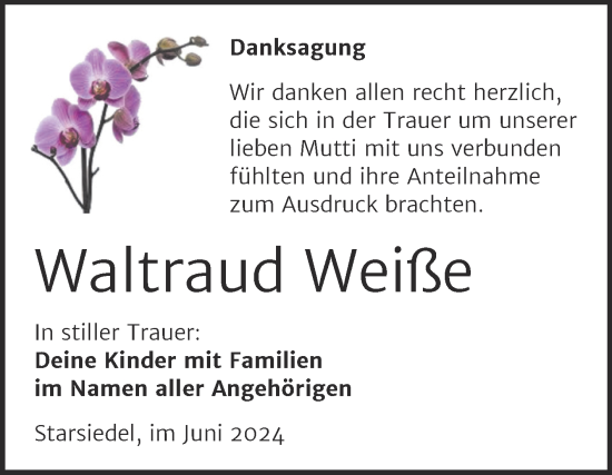 Traueranzeige von Waltraud Weiße von Trauerkombi Weißenfels
