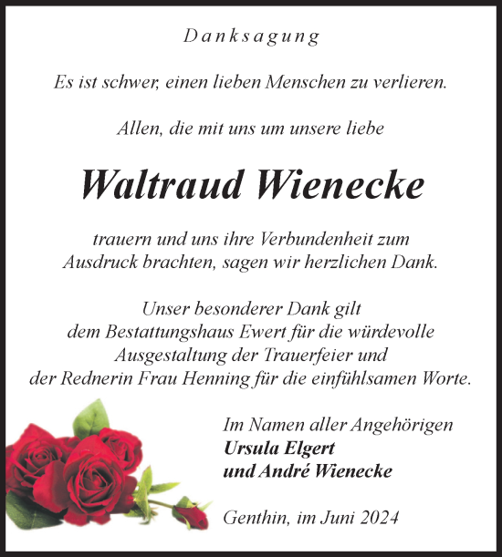 Traueranzeige von Waltraud Wienecke von Volksstimme Burg/Genthin