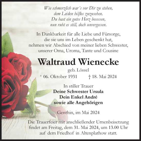 Traueranzeige von Waltraud Wienecke von Volksstimme Burg/Genthin