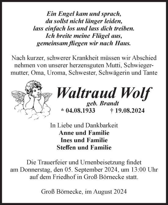 Traueranzeige von Waltraud Wolf von Volksstimme Staßfurt