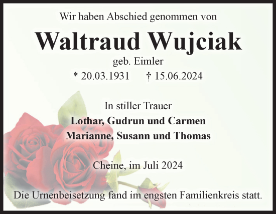 Traueranzeige von Waltraud Wujciak von Volksstimme Altmark West