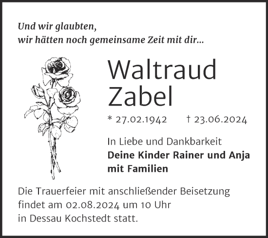 Traueranzeige von Waltraud Zabel von Trauerkombi Dessau