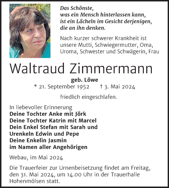 Traueranzeige von Waltraud Zimmermann von Trauerkombi Weißenfels