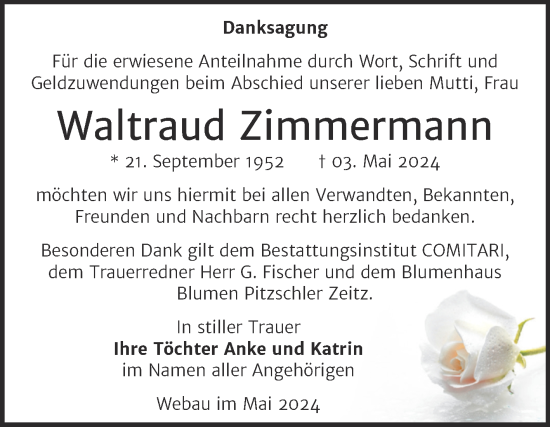 Traueranzeige von Waltraud Zimmermann von Trauerkombi Weißenfels