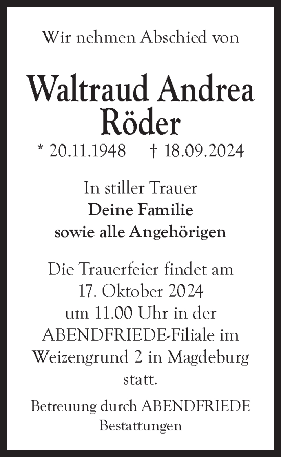 Traueranzeige von Waltraud Andrea Röder von Volksstimme Magdeburg