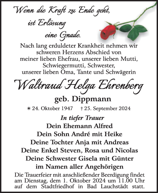 Traueranzeige von Waltraud Helga Ehrenberg von Mitteldeutsche Zeitung Merseburg/Querfurt