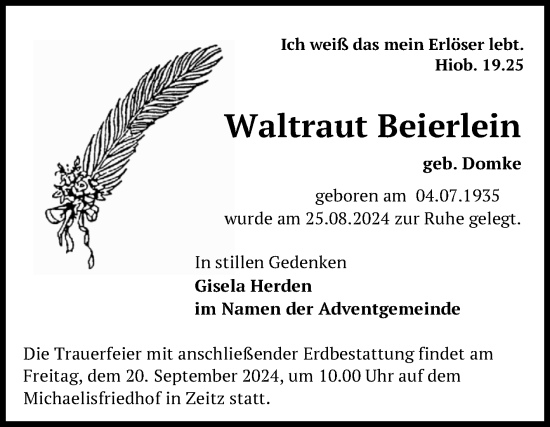 Traueranzeige von Waltraut Beierlein von Trauerkombi Weißenfels