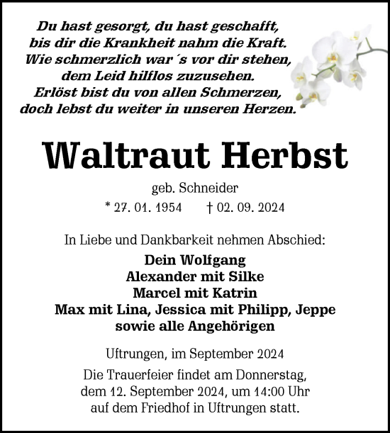 Traueranzeige von Waltraut Herbst von Trauerkombi Sangerhausen