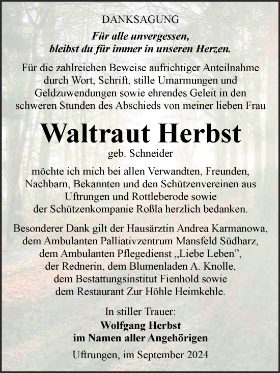 Traueranzeige von Waltraut Herbst von Trauerkombi Sangerhausen
