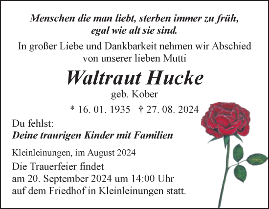 Traueranzeige von Waltraut Hucke von Trauerkombi Sangerhausen