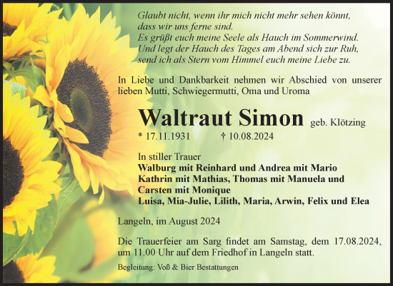 Traueranzeige von Waltraut Simon von Volksstimme Wernigerode