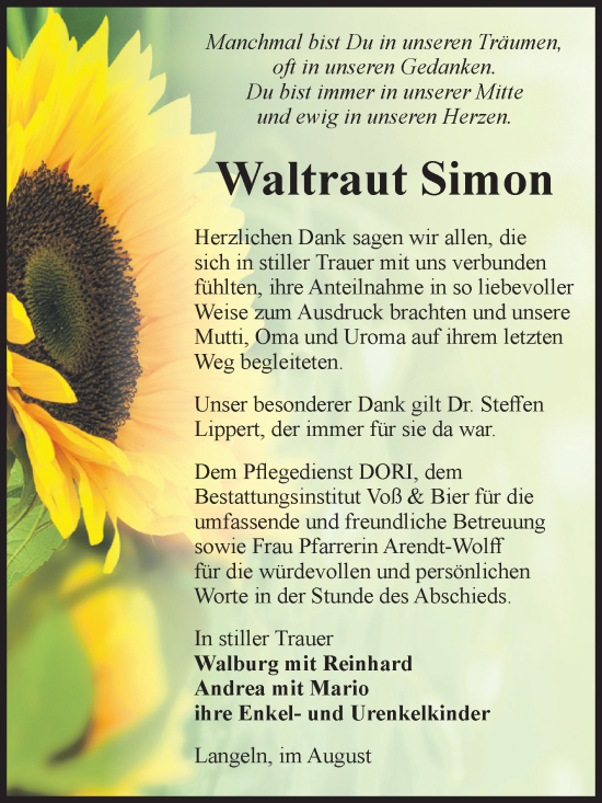 Traueranzeige von Waltraut Simon von Volksstimme Wernigerode