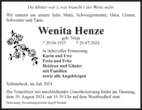 Traueranzeige von Wenita Henze von Volksstimme Schönebeck