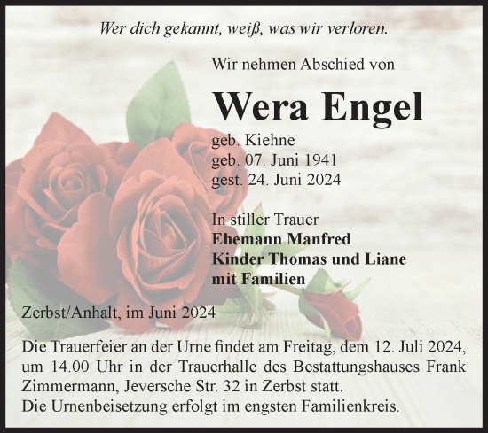 Traueranzeige von Wera Engel von Volksstimme Zerbst