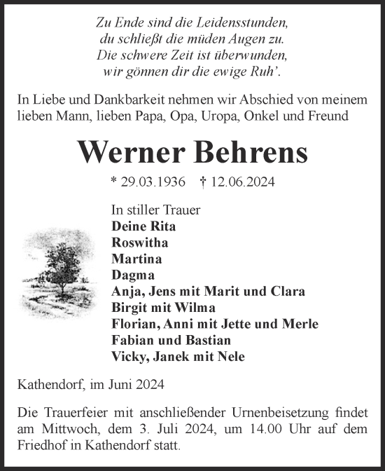 Traueranzeige von Werner Behrens von Volksstimme Haldensleben/Wolmirstedt