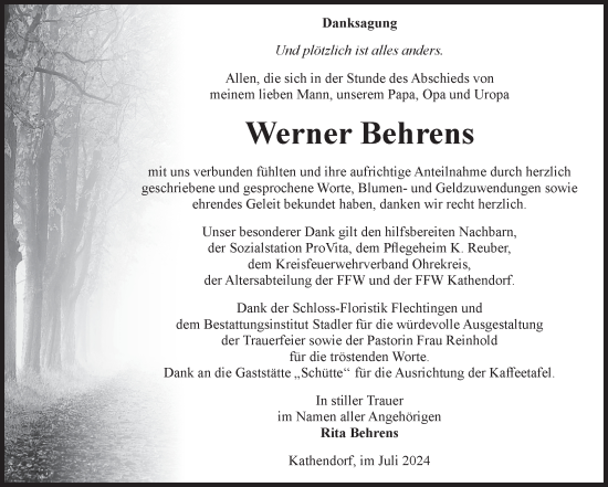 Traueranzeige von Werner Behrens von Volksstimme Haldensleben/Wolmirstedt