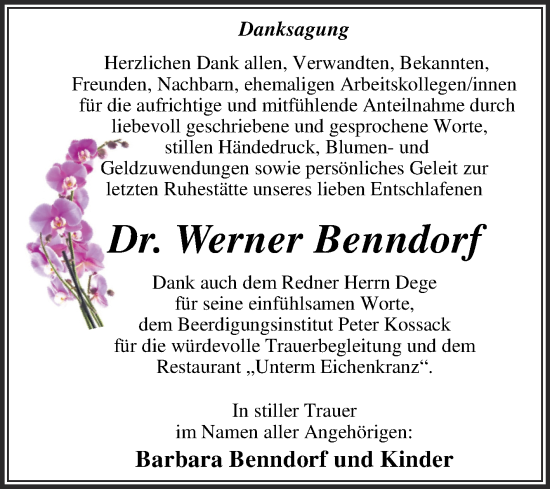 Traueranzeige von Werner Benndorf von Trauerkombi Dessau