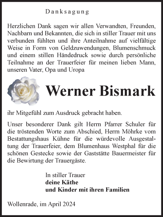 Traueranzeige von Werner Bismark von Volksstimme Altmark Ost