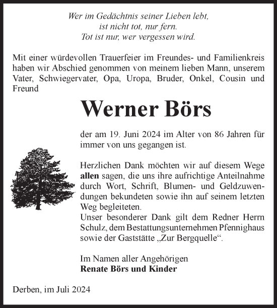 Traueranzeige von Werner Börs von Volksstimme Burg/Genthin