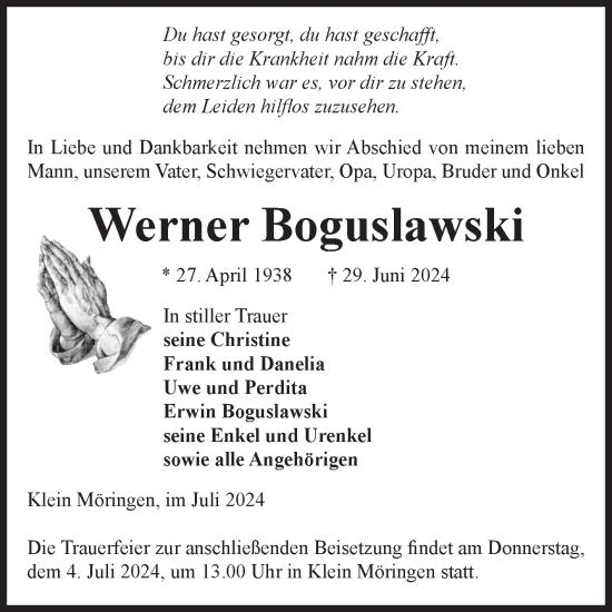Traueranzeige von Werner Boguslawski von Volksstimme Altmark Ost