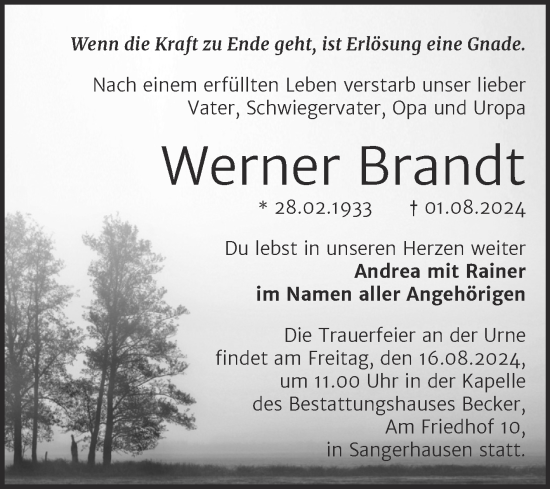 Traueranzeige von Werner Brandt von Trauerkombi Sangerhausen