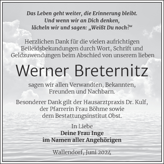 Traueranzeige von Werner Breternitz von Trauerkombi Merseburg