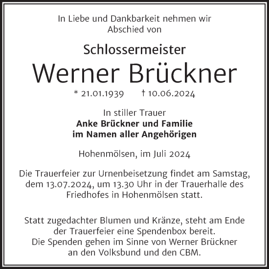 Traueranzeige von Werner Brückner von Trauerkombi Weißenfels