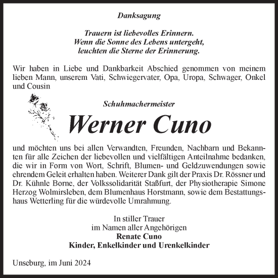 Traueranzeige von Werner Cuno von Volksstimme Staßfurt