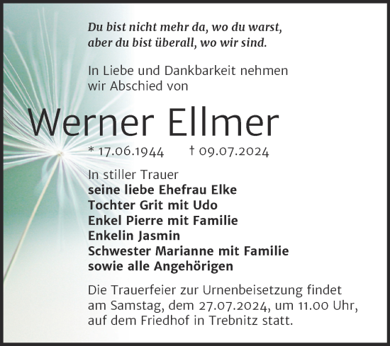 Traueranzeige von Werner Ellmer von Trauerkombi Weißenfels