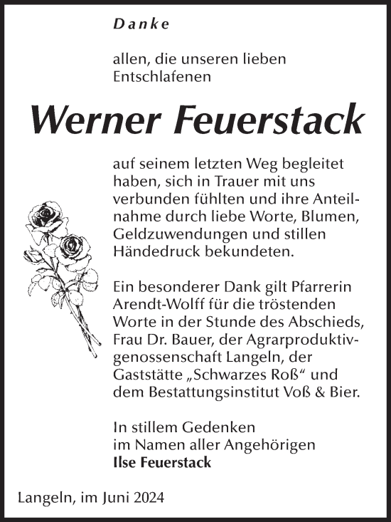 Traueranzeige von Werner Feuerstack von Volksstimme Wernigerode