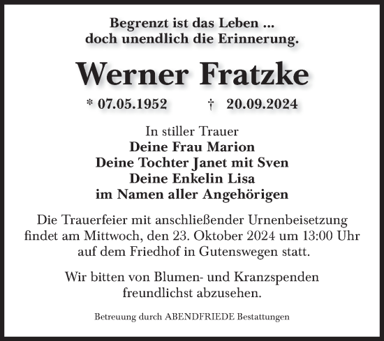 Traueranzeige von Werner Fratzke von Volksstimme Haldensleben/Wolmirstedt