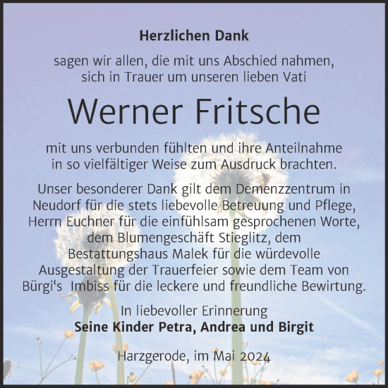 Traueranzeige von Werner Fritsche von Trauerkombi Quedlinburg